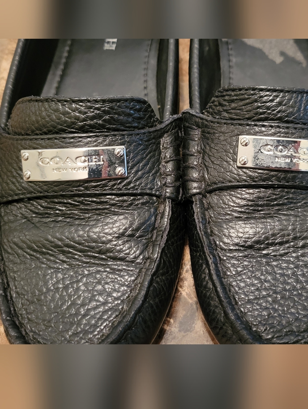 Coach Black Pebbled Leather Loafers with Silver Plaque - Picture 2 of 10